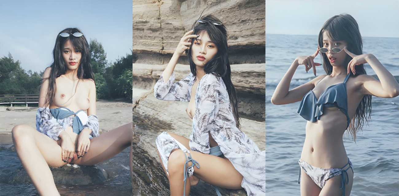 性感小野猫海边露出写真妩媚眼神勾魂，美乳圆润挺翘坐在礁石娇羞扒开私处任海浪拍击敏感小穴